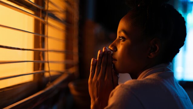 Young Boy Gazing Through Window - Warm Light and Hopeful Expression