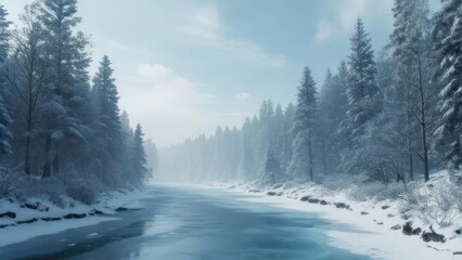 Fototapeta premium Winter forest river scene