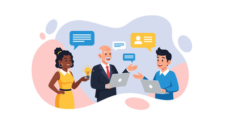 Diverse business team collaborates, sharing ideas and communicating during a productive meeting. Ideal for teamwork, innovation, and discussion concepts.