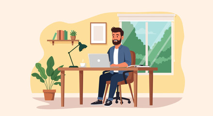 Bearded man working remotely on a laptop in a comfortable home office, promoting productivity, flexible work, and modern lifestyle.
