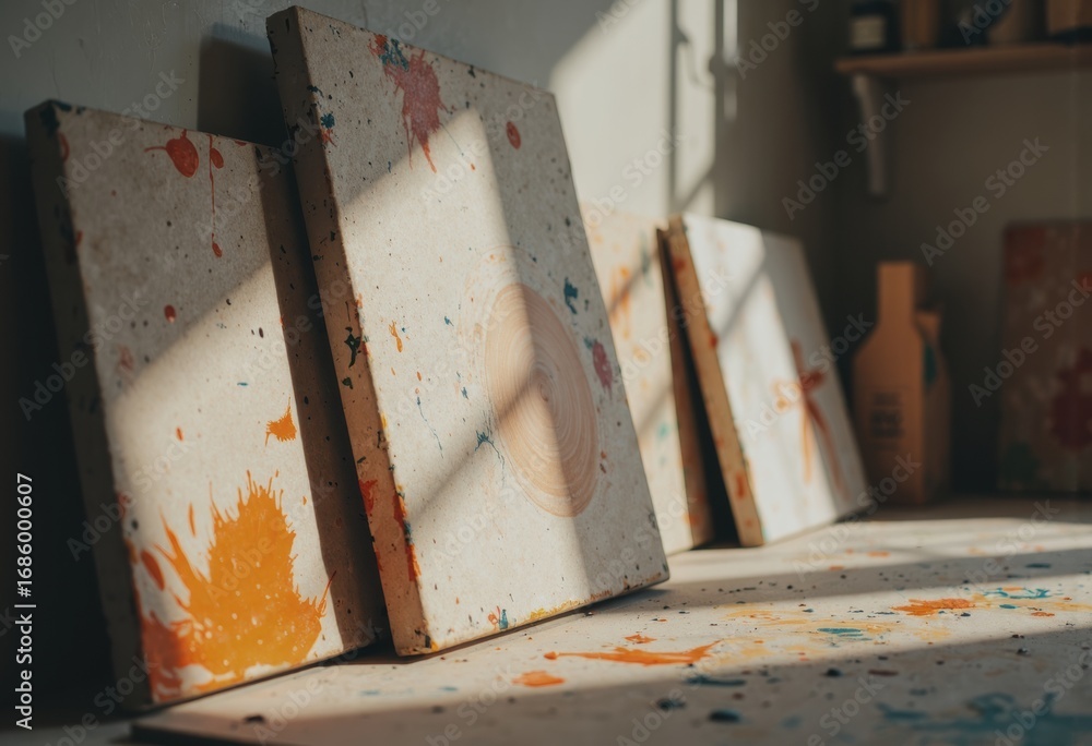 Poster organized art apparatus displayed on a creative workspace with splashes of color