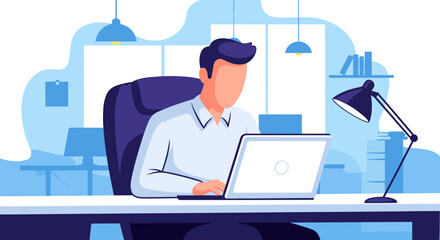 Professional man diligently working on a laptop in a modern, organized office environment. Ideal for themes of productivity, remote work, and digital business solutions.