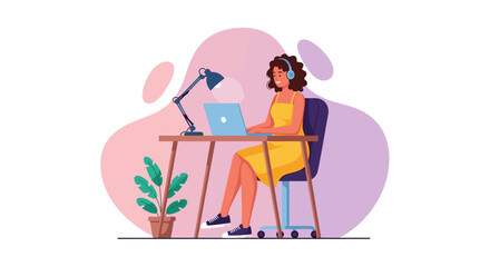 Smiling woman working remotely on her laptop with headphones at a home office desk, symbolizing productivity, online learning, and modern flexible work.