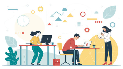 Diverse team collaborating in a modern office environment, analyzing data and managing tasks with technology. Ideal for business, productivity, or startup concepts.