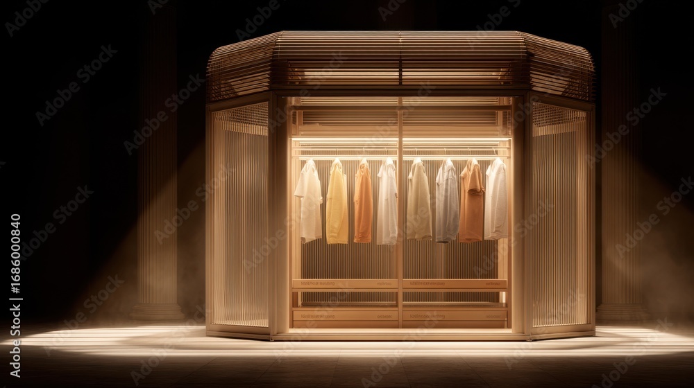 Poster medium shot of an adaptive fitting room featuring customizable ambient lighting focusing on the illu