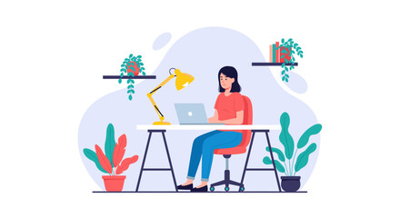 Young woman working on her laptop in a comfortable home office, surrounded by plants. Perfect for remote work, study, or online business concepts.