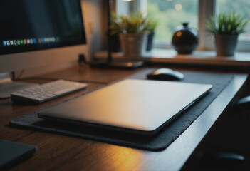 Fototapeta premium Modern IT workspace featuring systematic computer equipment and a sleek design