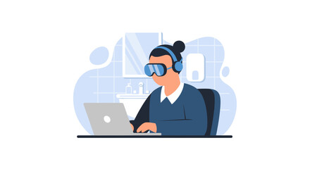 Person in VR goggles and headphones intently working on a laptop, symbolizing remote productivity, immersive technology, and the future of work.