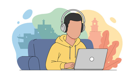 Person with headphones using laptop, symbolizing remote work, digital nomad lifestyle, and travel. Abstract background with ship, buildings, lighthouse.