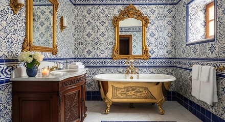 Elegant bathroom interior: The bathroom interior boasts a striking blend of classic and luxurious elements, featuring a vintage bathtub and ornate mirror, alongside other design details.