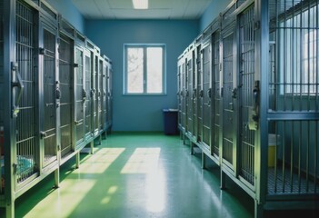 Organized animal shelter facility with care equipment and spacious kennels