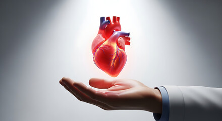 Professional doctor gently holds glowing human heart, symbolizing health, care, and medical innovation