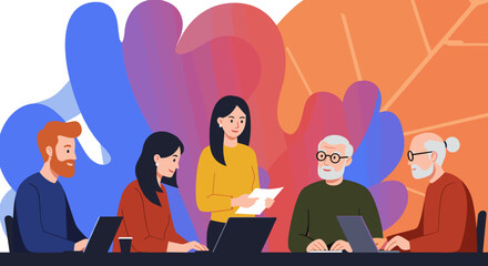 A diverse multi-generational team of professionals actively collaborates in a productive business meeting, sharing insights and utilizing digital tools for strategic work.