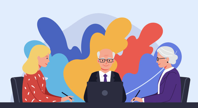 A diverse team of three business professionals, including an experienced older man, actively participates in a productive corporate meeting, fostering collaboration.