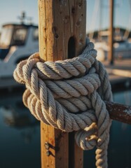 Close-up of a thick rope tied around a wooden dock post in a marina