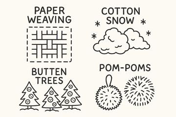 Winter Craft Icons. Winter quiet crafts doodle set: hand drawn icons for paper weaving, cotton snow, button trees, and pom-poms,