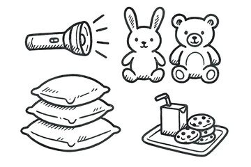 Sleepover Essentials Doodle Set. First sleepover doodle set: hand drawn icons for flashlights, stuffed animals, pillow piles, and