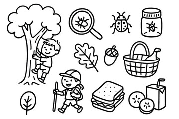 Kids Outdoor Adventure Icons. Children’s outdoor adventure doodle set: hand drawn icons for tree climbing, bug hunting, nature