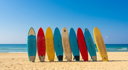 Surfboards on the Shore: A colorful array of surfboards, leaning on a beach, with clear blue sky. A visual feast for the eye, showcasing the surfer's paradise.