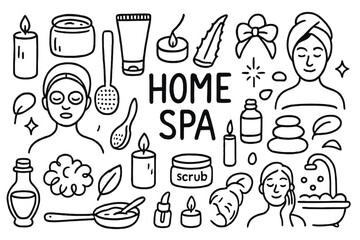 Home Spa Doodle Icons. Home spa doodle set: hand drawn icons for self-care, candles, face masks, and bath rituals, isolated