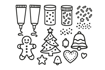 Festive Cookie Doodle Set. Holiday cookie decorating doodle set: hand drawn icons for icing tubes, sprinkles, and festive shapes,