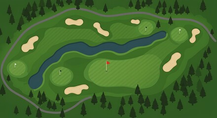 Aerial Golf Course View: A serene aerial shot of a well-manicured golf course. The view includes lush green fairways, strategically placed sand traps, and water hazards.