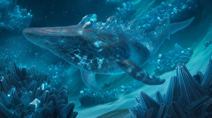 Fototapeta premium Colossal abyssal creature with translucent skin revealing glowing bioluminescent organs, swimming through a coral reef of floating geometric crystals in ultra HD cinematic surreal underwater dreamscap