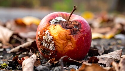 Rotten red apple sits amidst fallen leaves on a gray, textured ground surface