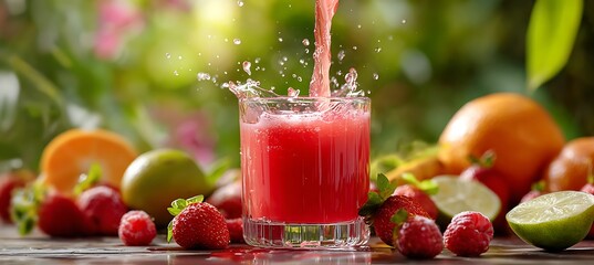 Fresh fruit juice pouring into glass with strawberry orange lime and raspberry for healthy lifestyle diet 100
