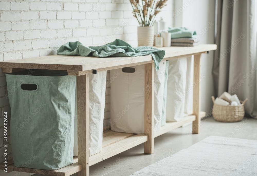 Poster laundry sorting station with hampers and a folding surface for efficient care