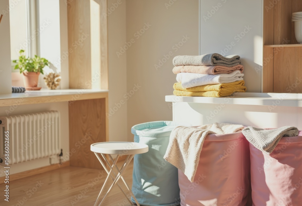 Poster laundry sorting station with colorful hampers and a folding surface