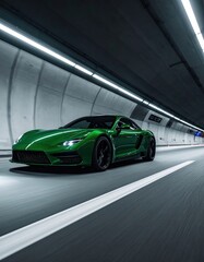Deep green luxury car passing under glowing tunnel lights at night 