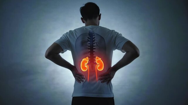 Man with back pain and glowing kidneys highlighted on spine illustration, symbolizing kidney disease, urinary system disorders, anatomy, medical diagnosis, nephrology and chronic lower back discomfort