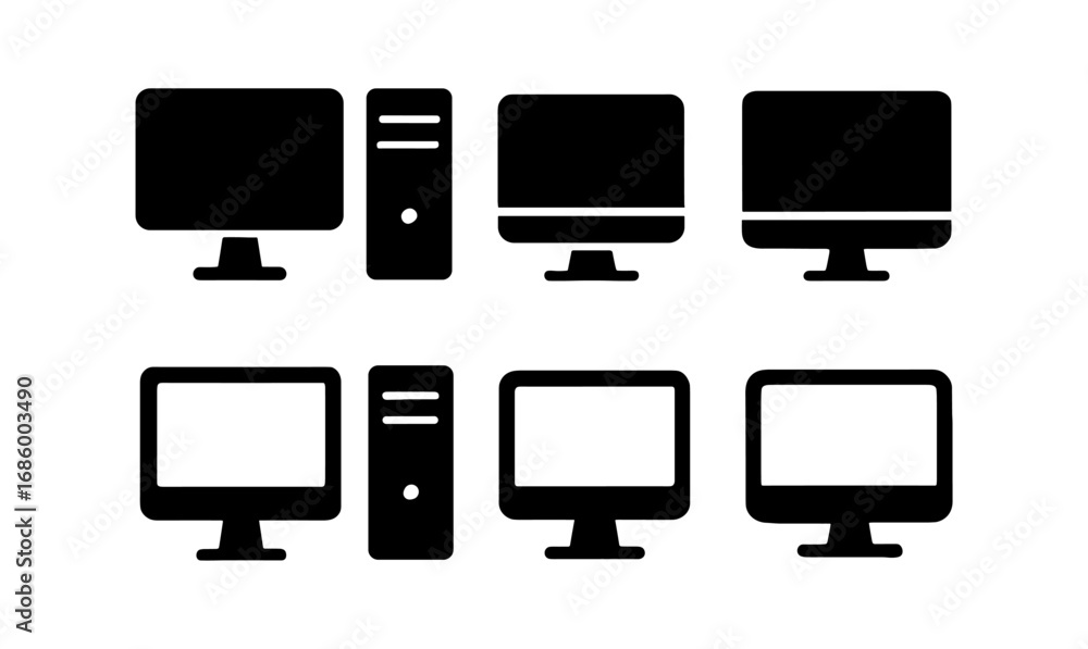 Poster silhouette and outline desktop computers and monitors collection