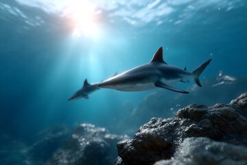 Fototapeta premium Sharks swimming through sunlit ocean depths