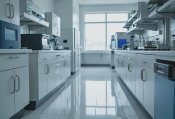 Modern healthcare laboratory workspace with systematic equipment arrangement