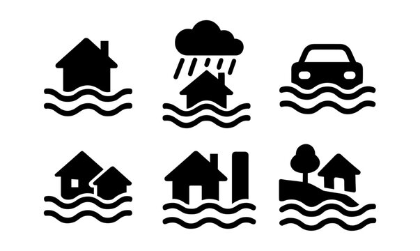 Flood icon set: black silhouettes of houses and cars in water risk situations