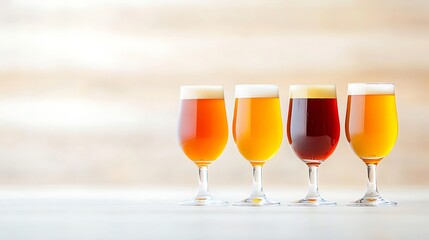 Four glasses of beer with different hues on a wooden background