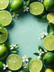 Fresh lime flat lay background with water drops and copy space, aqua studio backdrop