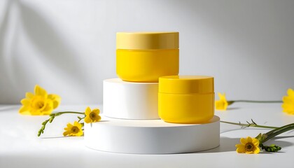 Two yellow cosmetic jars on white podiums with yellow flowers