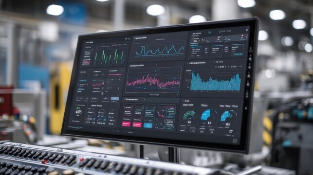 Focused on a digital dashboard displaying realtime data on wave energy output measurements alongside graphs indicating the efficiency of the modular systems being manufactured. - Powered by Adobe