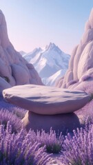 Lavender valley with stone pedestal and pastel mountains at sunrise, vertical outdoor landscape with copy space
