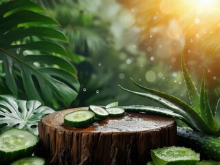 Cucumber and aloe vera on wooden stump with tropical leaves and sunlight, outdoor spa scene with copy space