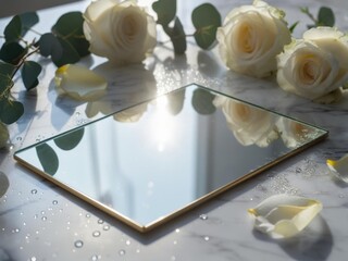 Mirror on marble with white roses and eucalyptus, morning dew and soft sunlight, elegant indoor product scene with copy space