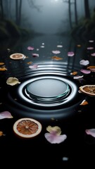 Frosted glass disc floating on black water with petals and citrus in a foggy forest scene, moonlight reflection, copy space, vertical background for beauty ads