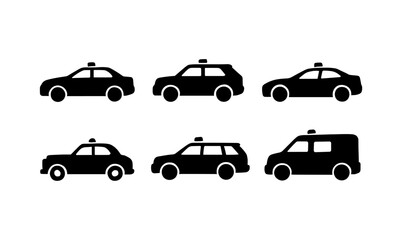 Silhouette set of taxi and car icons in various styles