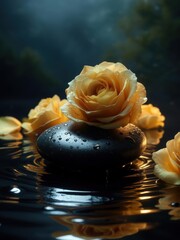 Golden yellow rose on wet black stone above calm water with moody light and empty center for product placement