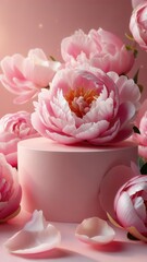 Pink peonies on luxury pedestal with soft light and empty space for product, vertical floral background for beauty ads