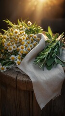 Chamomile and herbs on rustic wood with linen cloth and golden sunlight, vertical organic story background with copy space