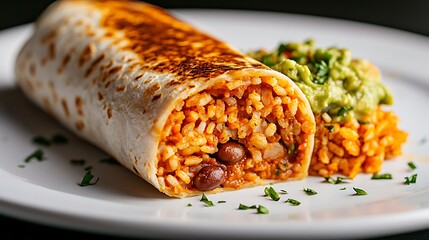 Hearty burrito with savory mexican rice and garnish
